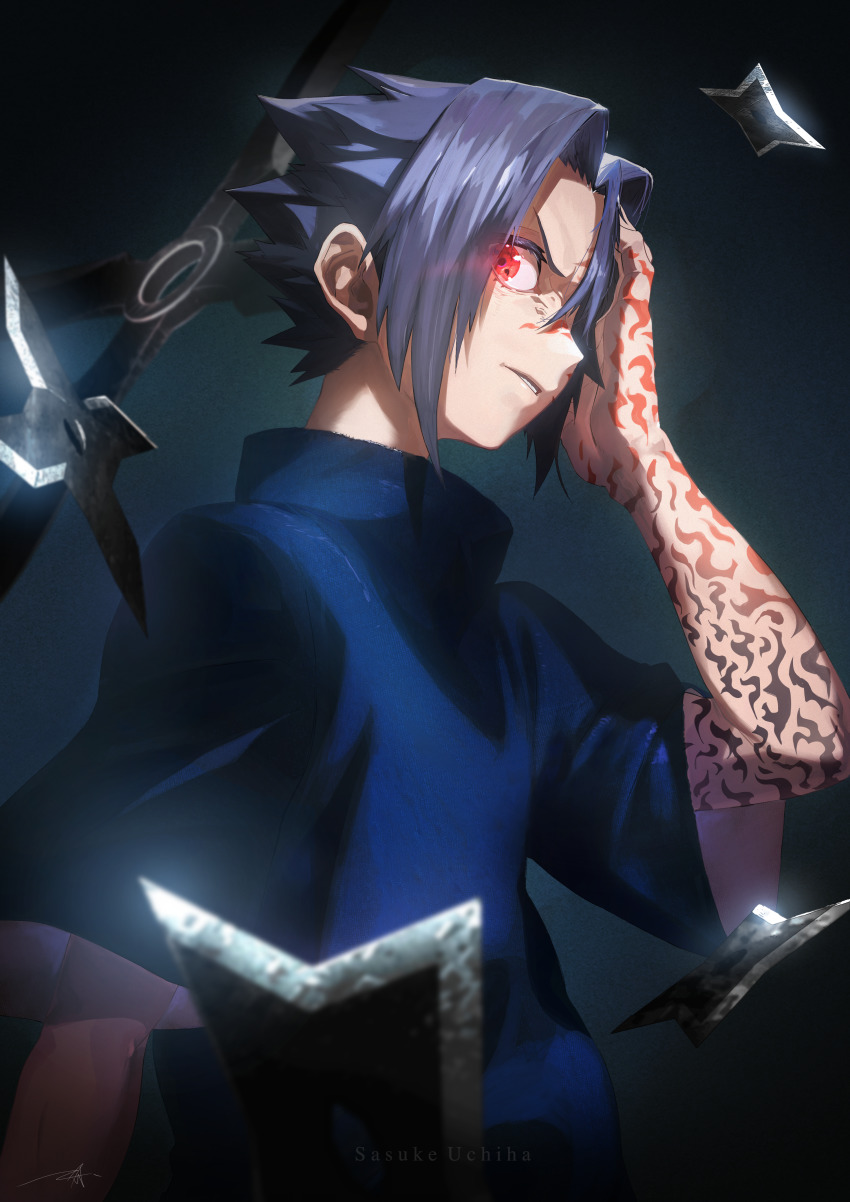 1boy, absurdres, blue_hair, corruption, covering_one_eye, eyes_visible_through_hair, glint, glowing