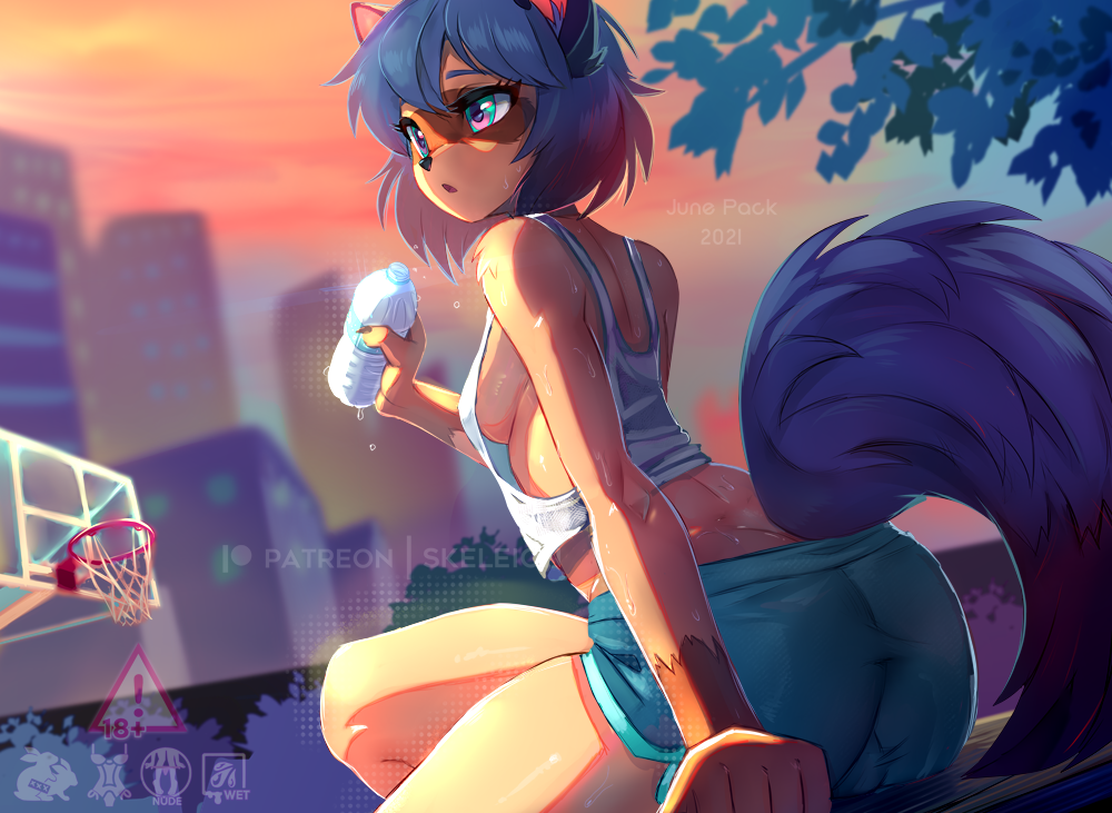 1girl, animal_ears, animal_nose, artist_name, ass, bare_shoulders, basketball_hoop, blue_hair