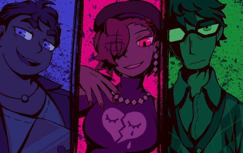 1girl, 2boys, beret, blue_eyes, broken_heart, collared_shirt, computer, diamond_(shape)