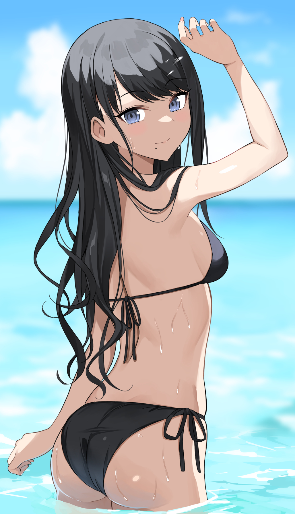 1girl, arm_up, ass, bikini, black_bikini, black_hair, blue_eyes, blurry, blurry_background, breasts, closed_mouth, cloud, commentary_request, day, fuyutuji, halterneck, highres, horizon, idolmaster, idolmaster_shiny_colors, kazano_hiori, light_blush, long_hair, looking_at_viewer, looking_back, mole, mole_under_mouth, outdoors, shading_eyes, side-tie_bikini_bottom, small_breasts, smile, solo, standing, string_bikini, swimsuit, wading, water, wet