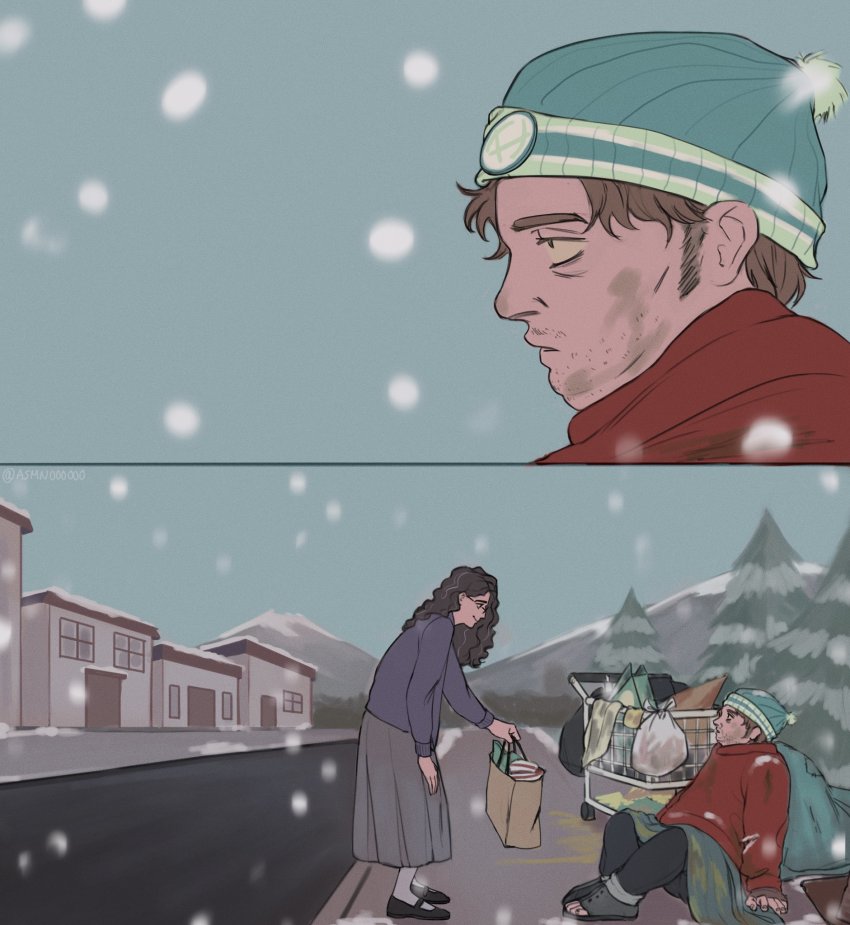 1boy, 1girl, alternate_universe, beanie, black_hair, blanket, brown_hair, dirty