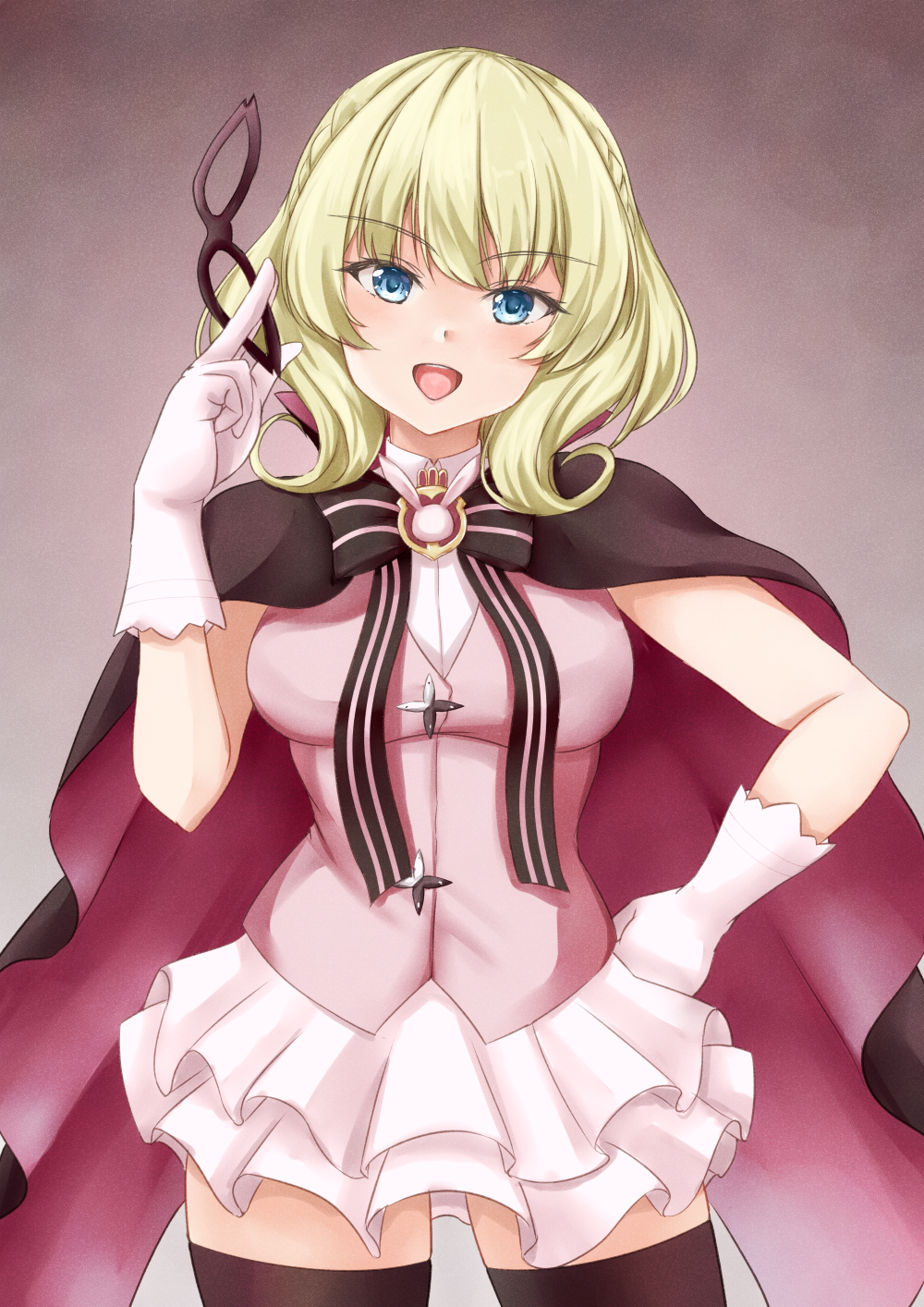 1girl, alternate_costume, black_cape, black_thighhighs, blonde_hair, blue_eyes, braid, breasts, cape, colorado_(kancolle), cosplay, gloves, gochuumon_wa_usagi_desu_ka?, highres, kantai_collection, koru_pera, medium_breasts, phantom_thief_lapin, phantom_thief_lapin_(cosplay), pink_cape, short_hair, side_braids, solo, thighhighs, two-tone_cape, white_gloves