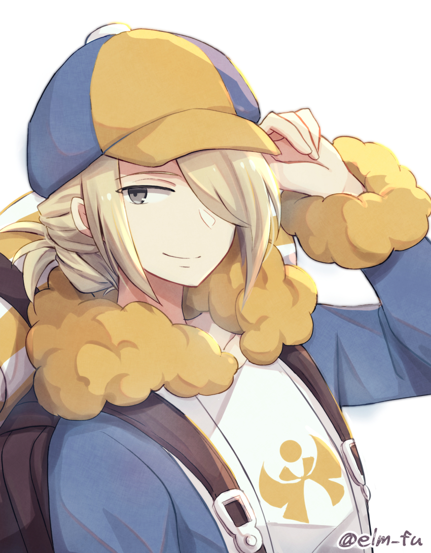 1boy, backpack, bag, baseball_cap, blonde_hair, brown_bag, closed_mouth, collarbone