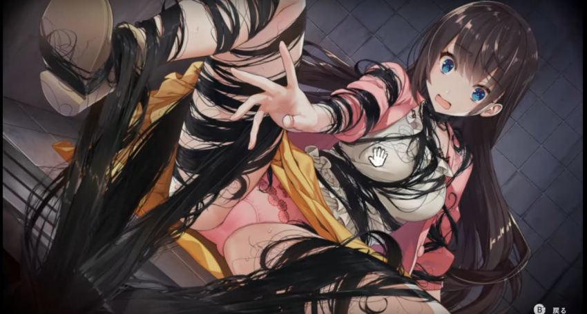 1girl, black_hair, blue_eyes, dress, game_cg, ikoma_mio, haishin, panties