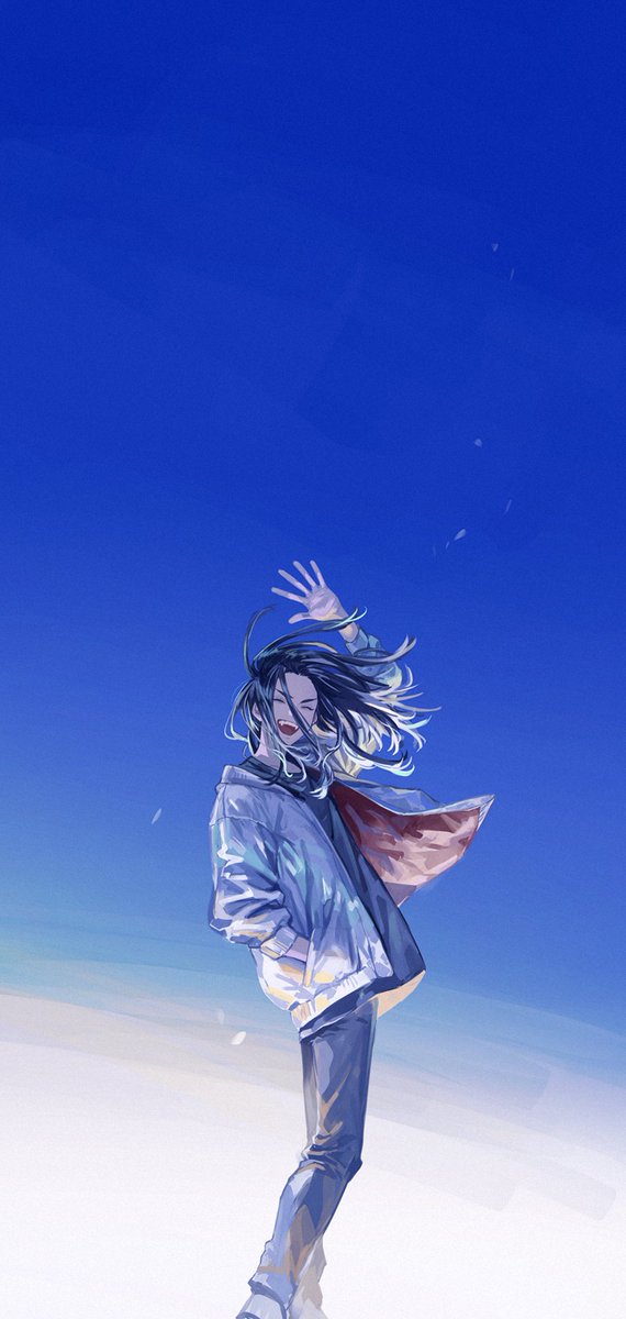 1boy, :d, ^_^, arm_up, baji_keisuke, black_hair, black_pants, black_shirt, blue_sky, closed_eyes, facing_viewer, full_body, hand_in_pocket, highres, jacket, kota_uro, long_hair, long_sleeves, male_focus, open_mouth, outdoors, pants, shirt, shoes, sky, smile, solo, standing, tokyo_revengers, waving, white_jacket