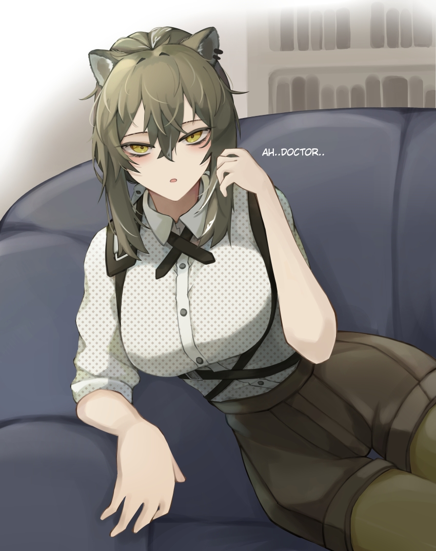 1girl, absurdres, animal_ears, arknights, black_hair, breasts, collared_shirt, couch
