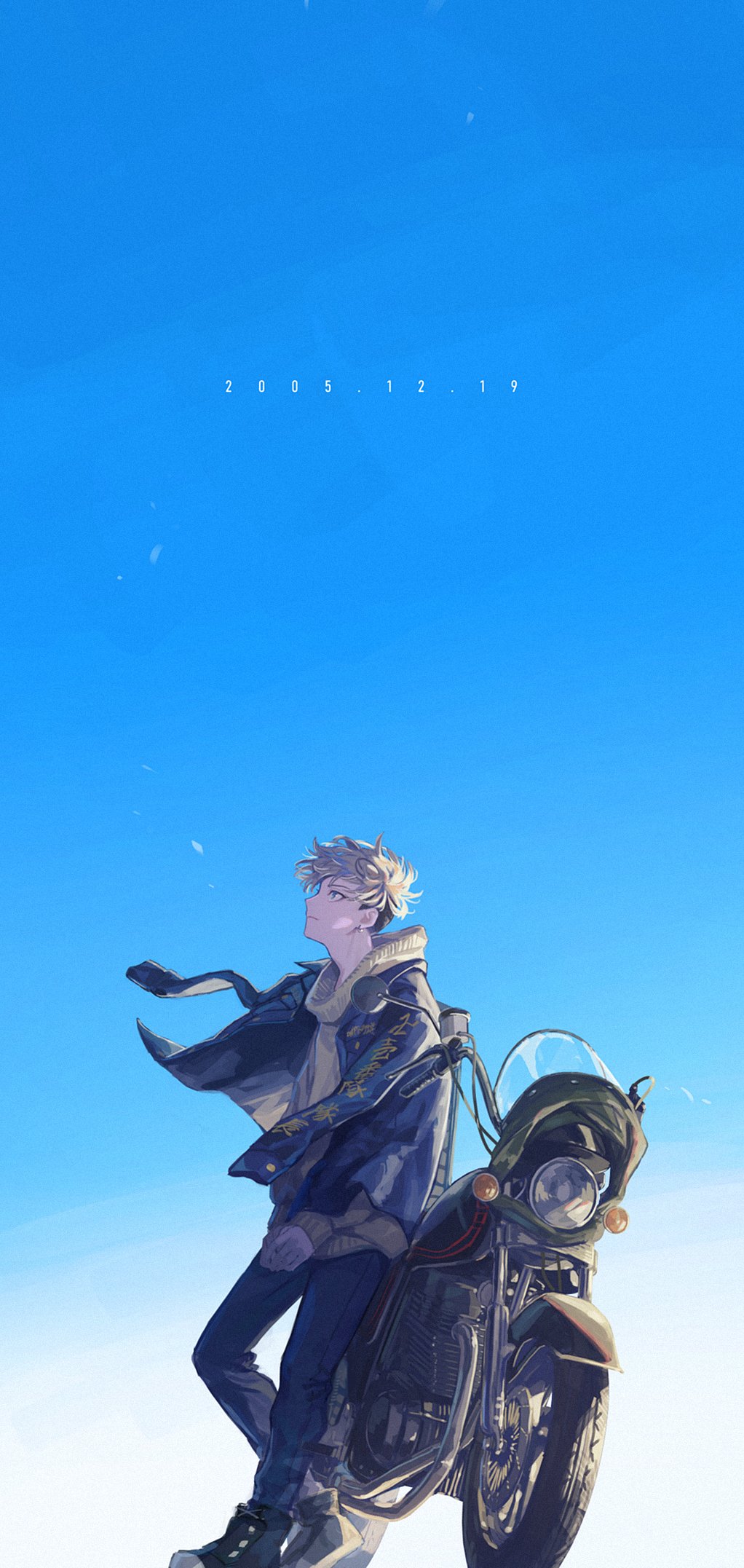 1boy, black_hair, black_jacket, black_pants, black_shoes, blonde_hair, blue_eyes, blue_sky