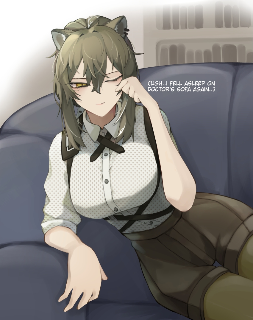 1girl, absurdres, animal_ears, arknights, black_hair, breasts, collared_shirt, couch