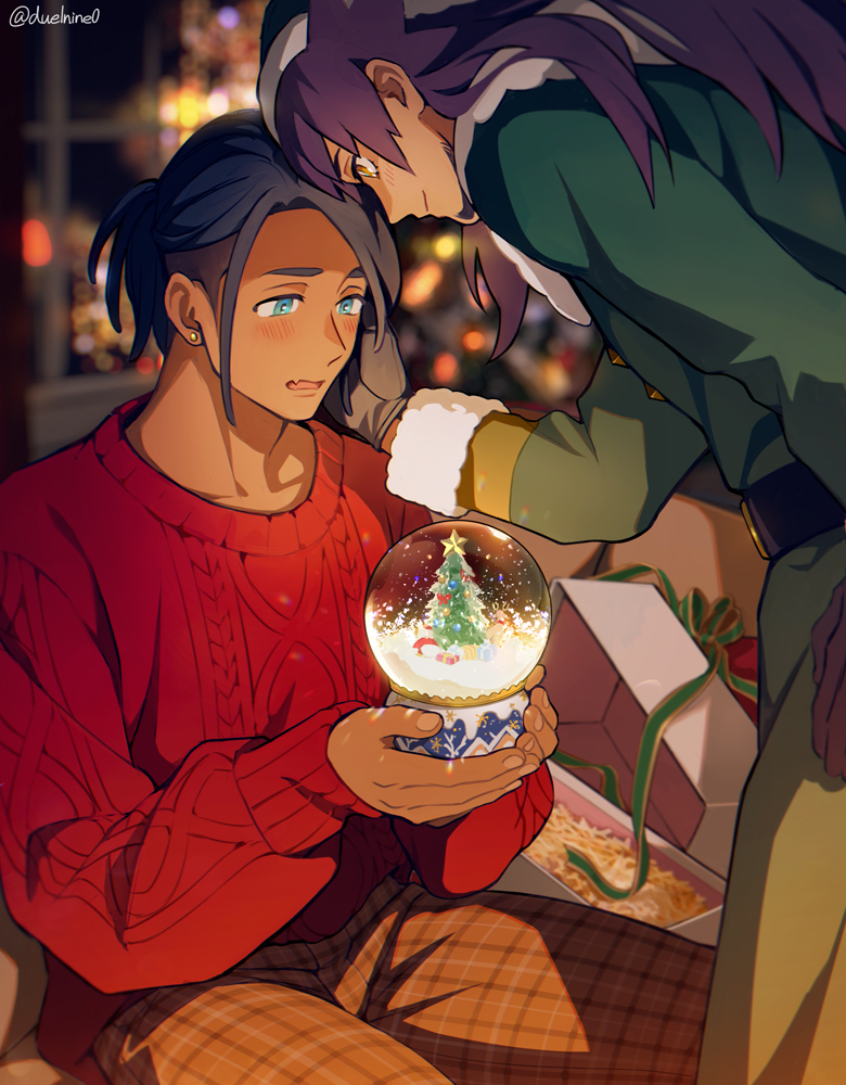2boys, alternate_costume, black_hair, blue_eyes, blurry, blush, brown_pants, christmas