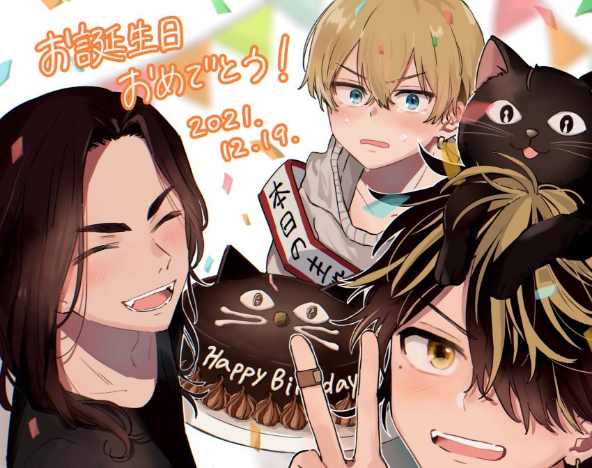 3boys, ^_^, animal, baji_keisuke, bandaid, bandaid_on_hand, birthday_cake, birthday_sash