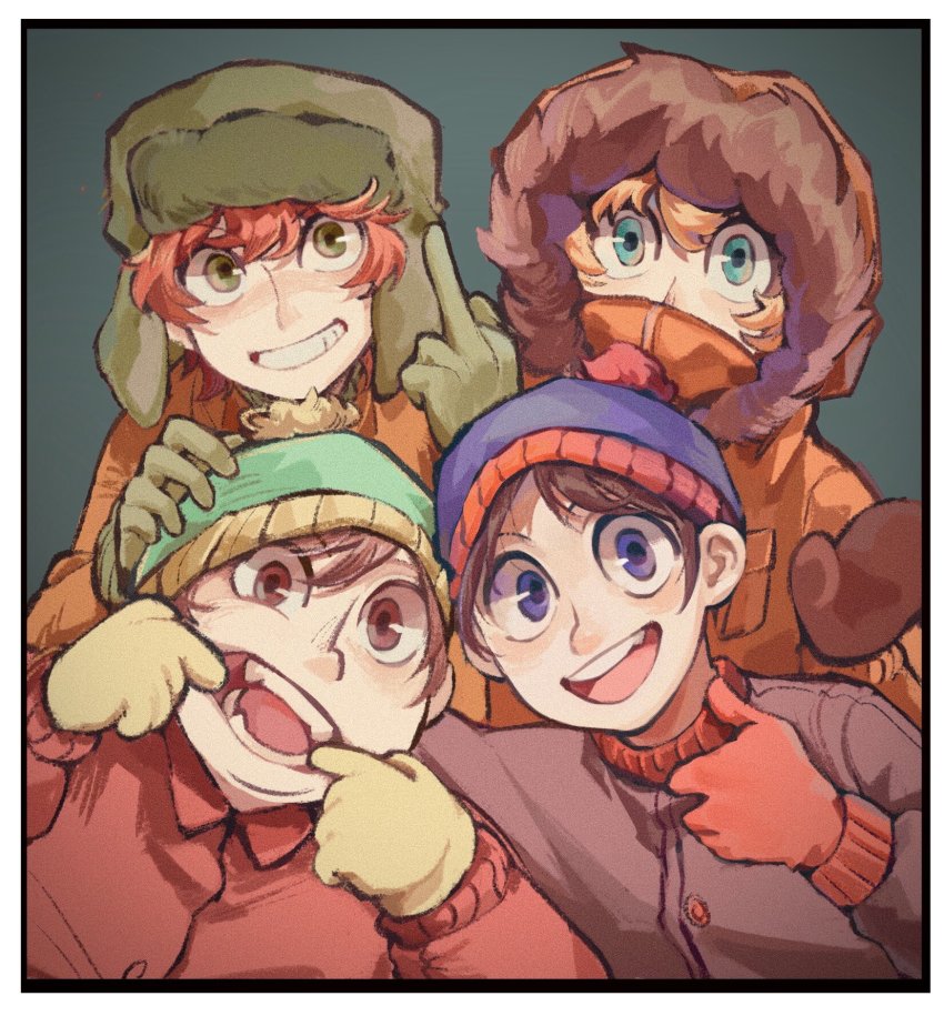 4boys, beanie, black_hair, blonde_hair, blue_eyes, brown_eyes, brown_hair, brown_jacket