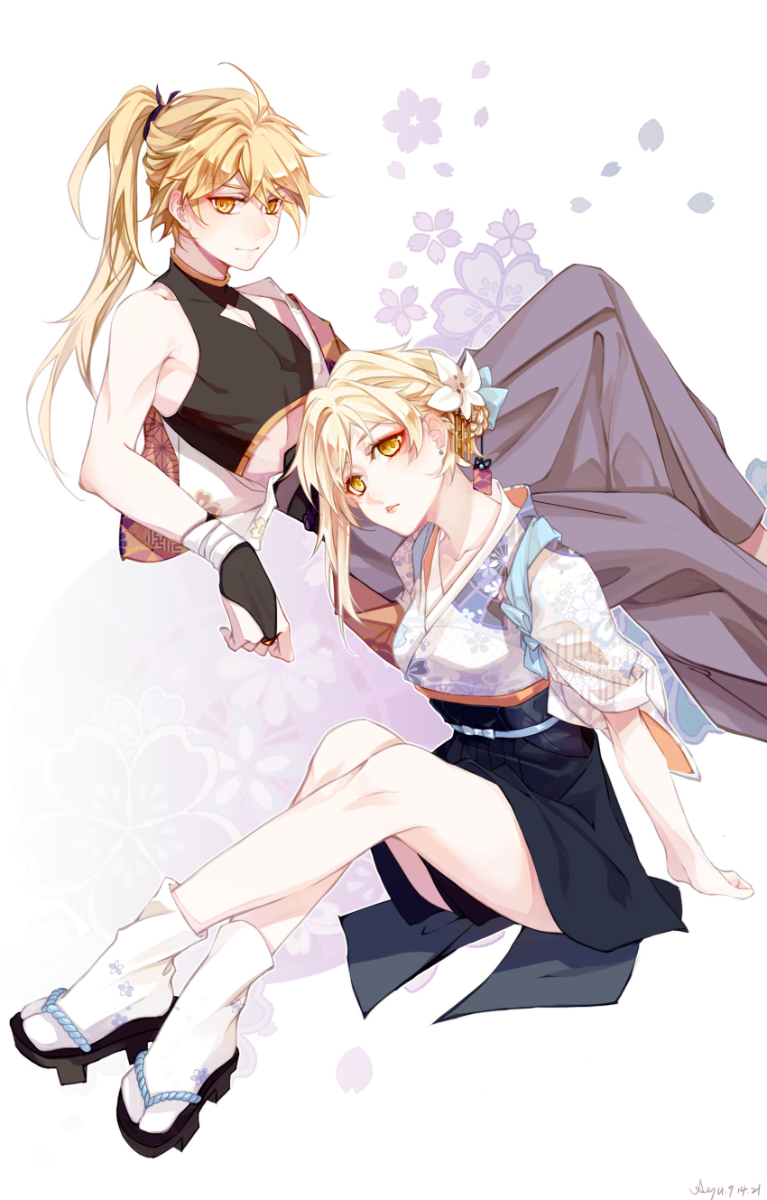 1boy, 1girl, absurdres, aether_(genshin_impact), alternate_costume, alternate_hairstyle, bare_shoulders, blonde_hair