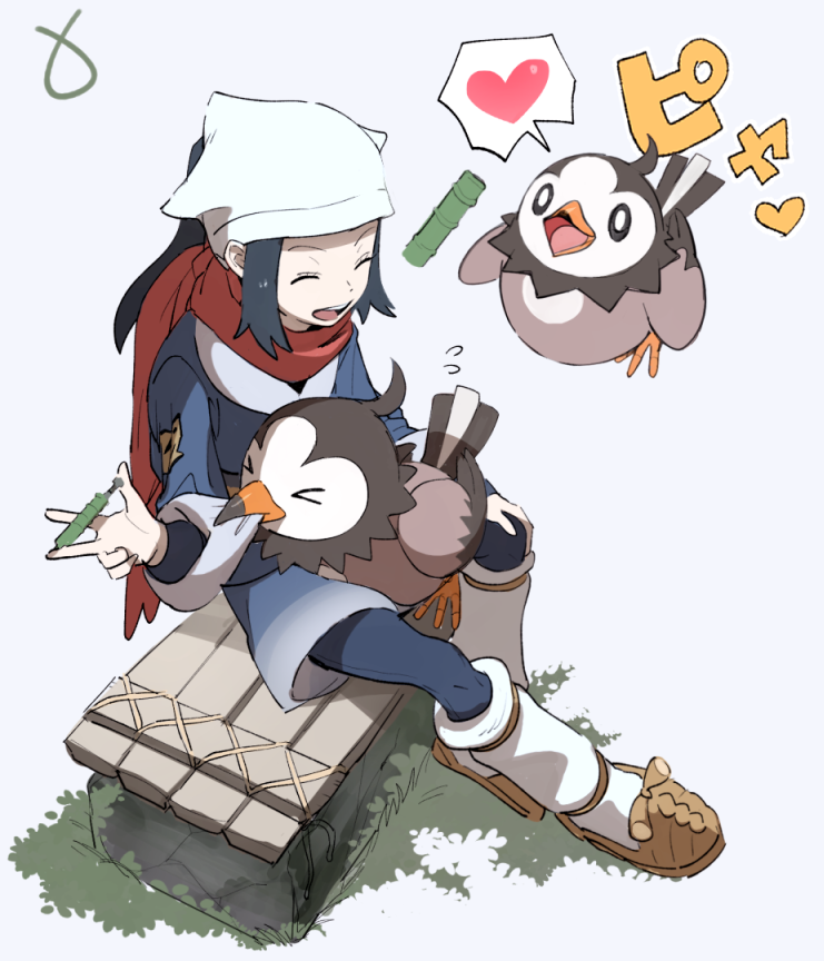 1girl, :d, akari_(pokemon), bench, black_hair, black_shirt, brown_footwear, closed_eyes, commentary_request, eyelashes, gen_4_pokemon, headscarf, heart, holding, jacket, long_hair, loose_socks, nintendo, open_mouth, pantyhose, pokemon, pokemon_(creature), pokemon_legends:_arceus, ponytail, red_scarf, scarf, shirt, shoes, sidelocks, sitting, smile, socks, spoken_heart, starly, teeth, three_guo, tongue, upper_teeth_only, white_background, white_headscarf, white_headwear, white_pantyhose