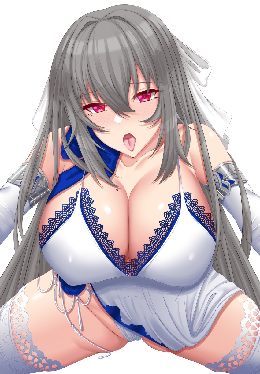 1girl, absurdres, azur_lane, bare_shoulders, breasts, china_dress, chinese_clothes, cleavage, covered_erect_nipples, dress, elbow_gloves, evening_gown, gloves, grey_hair, hair_between_eyes, highres, huge_breasts, lace, lace-trimmed_dress, lace-trimmed_legwear, lace_trim, long_hair, looking_at_viewer, makudesu, mole, mole_on_breast, mole_under_eye, official_alternate_costume, open_mouth, panties, saint-louis_(azur_lane), saint-louis_(holy_knight's_resplendence)_(azur_lane), shiny_skin, simple_background, sleeveless, sleeveless_dress, solo, spread_legs, thighhighs, tongue, tongue_out, underwear, very_long_hair, white_background, white_dress, white_gloves, white_panties, white_thighhighs