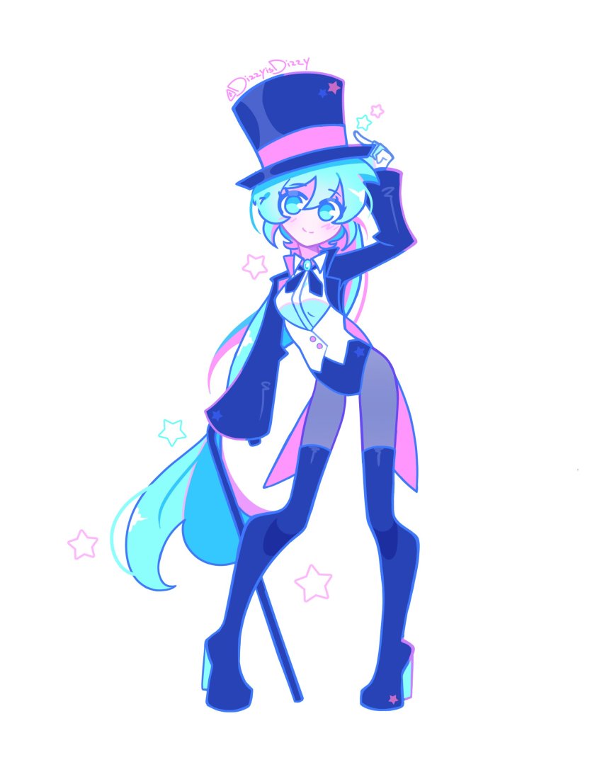 1girl, absurdres, black_footwear, black_headwear, black_jacket, black_leotard, black_neckwear, blue_eyes, blue_hair, blush, boots, breasts, cane, dizzyisdizzy, hat, hatsune_miku, high_heels, highres, jacket, leotard, long_hair, long_sleeves, looking_at_viewer, open_clothes, open_jacket, ponytail, print_jacket, print_leotard, shirt, small_breasts, smile, standing, star_(symbol), star_print, thigh_boots, thighhighs, top_hat, twitter_username, vocaloid, white_background, white_shirt