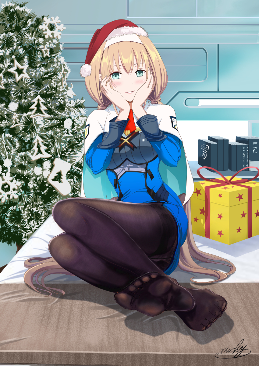 1girl, absurdres, black_pantyhose, blonde_hair, blue_dress, blush, book, capelet, christmas, christmas_present, christmas_tree, commentary_request, dress, earrings, feet, foot_focus, gift, green_eyes, hairband, hands_on_own_cheeks, hands_on_own_face, head_rest, highres, jewelry, long_hair, looking_at_viewer, low_twintails, military, military_uniform, mitsuba_greyvalley, nao3675, on_bed, panties, pantyhose, red_neckwear, sitting, soles, solo, super_robot_wars, super_robot_wars_30, toes, triangle_earrings, twintails, underwear, white_capelet, white_hairband, white_panties