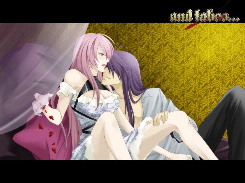 1boy, 1girl, and_taboo, aqua_eyes, bad_id, bad_pixiv_id, bare_shoulders, blush, breasts, couple, dress, fujishiro_kanae, hetero, highres, kamui_gakupo, long_hair, megurine_luka, pink_hair, purple_hair, rebelizm, smile, vocaloid