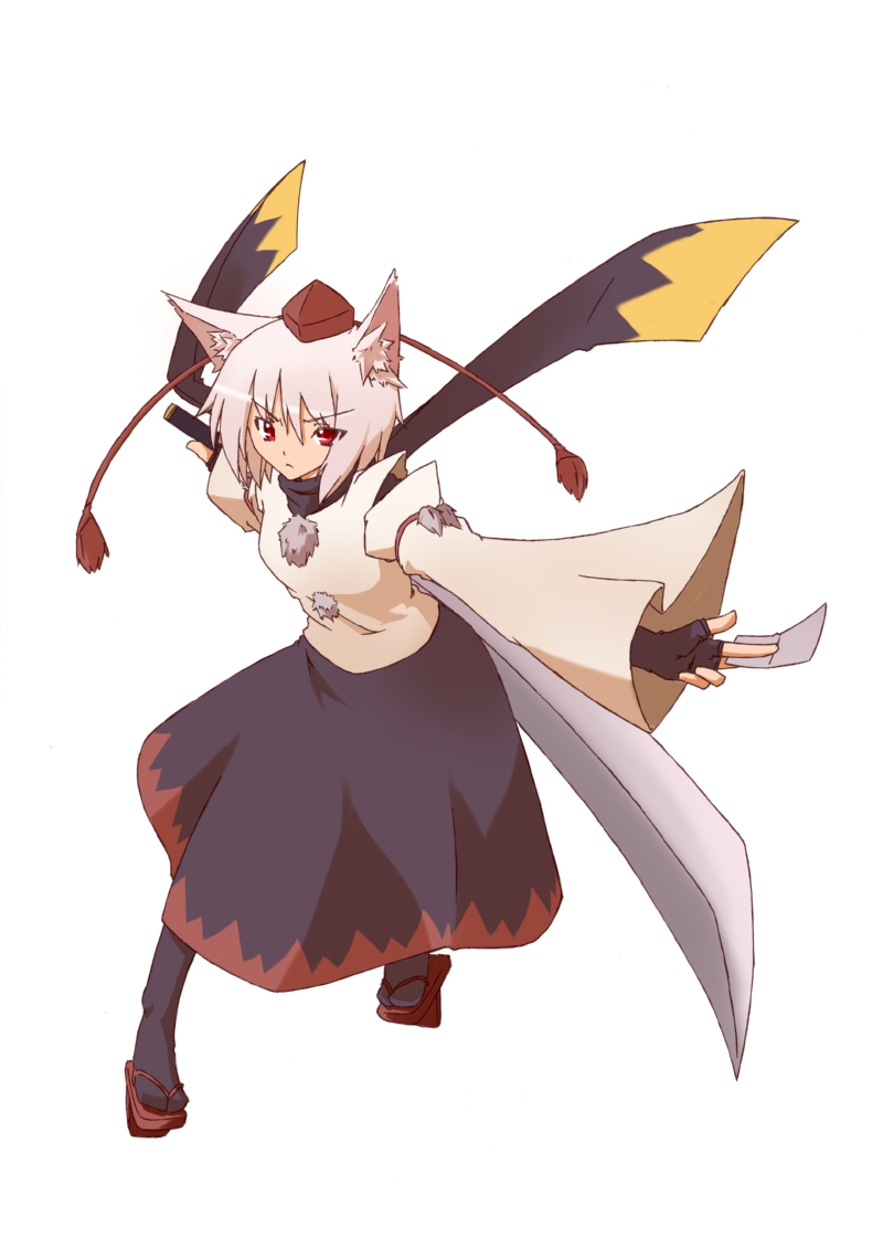 1girl, animal_ears, detached_sleeves, female_focus, geta, hat, inubashiri_momiji, scarf