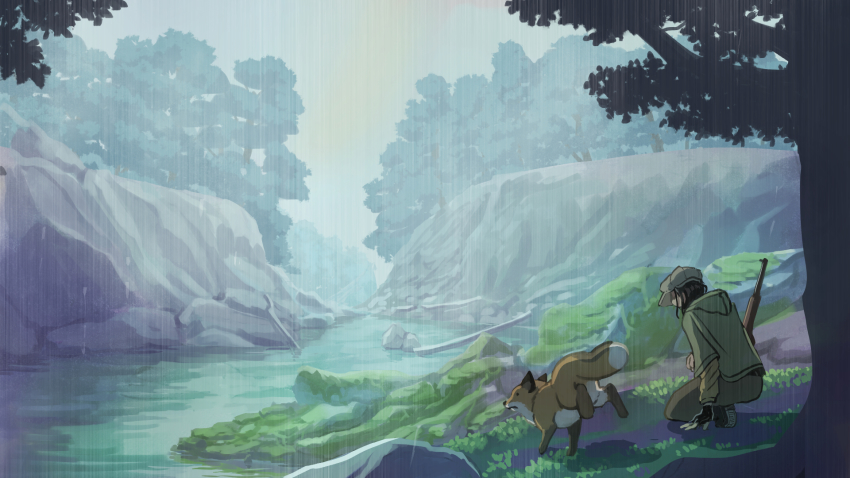 black_gloves, brown_pants, day, fingerless_gloves, fox, gloves, grass, gun, hat, highres, hood, hooded_jacket, jacket, kneeling, original, outdoors, pants, rain, river, scenery, togerat, tree, water, weapon