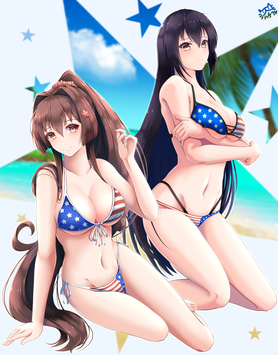 2girls, alternate_costume, american_flag, american_flag_bikini, american_flag_print, barefoot, bikini, black_hair