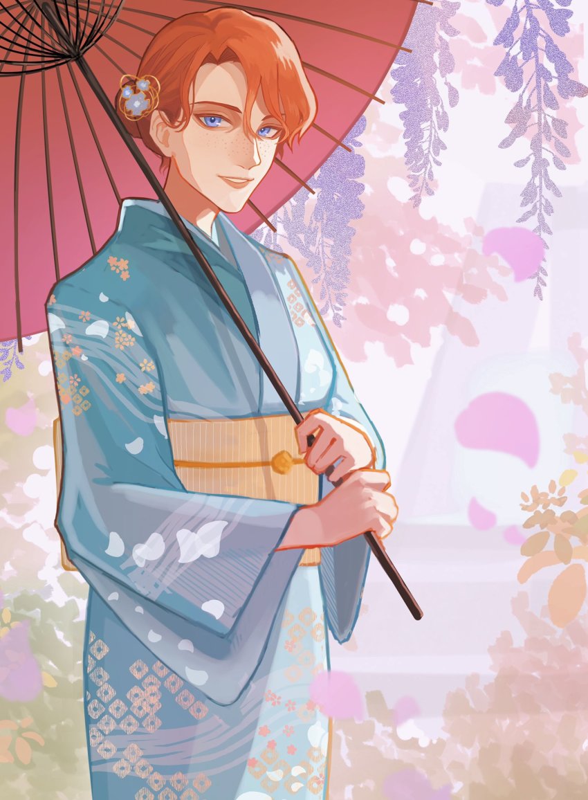 1girl, 4o3o, alternate_costume, animification, apex_legends, blue_eyes, blue_kimono, hair_behind_ear