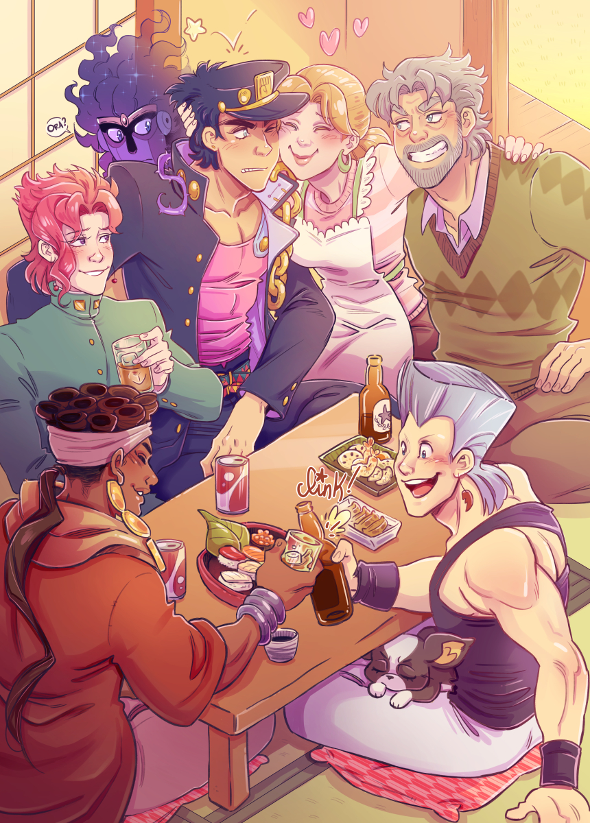 1girl, 6+boys, beard, black_hair, boston_terrier, dark-skinned_male, dark_skin, delichuu