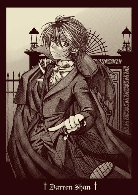 1boy, black_hair, cage, cape, cloak, darren_shan, formal_clothes, gloves, male_focus, monochrome, necktie, short_hair, smile, solo, the_saga_of_darren_shan, vampire, wings