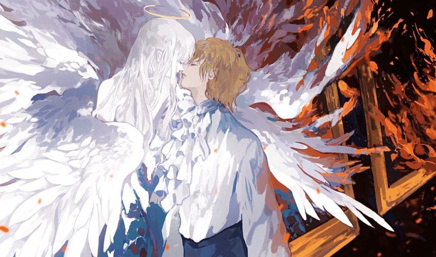 1boy, 1other, amputee, androgynous, angel, ascot, black_background, brown_hair