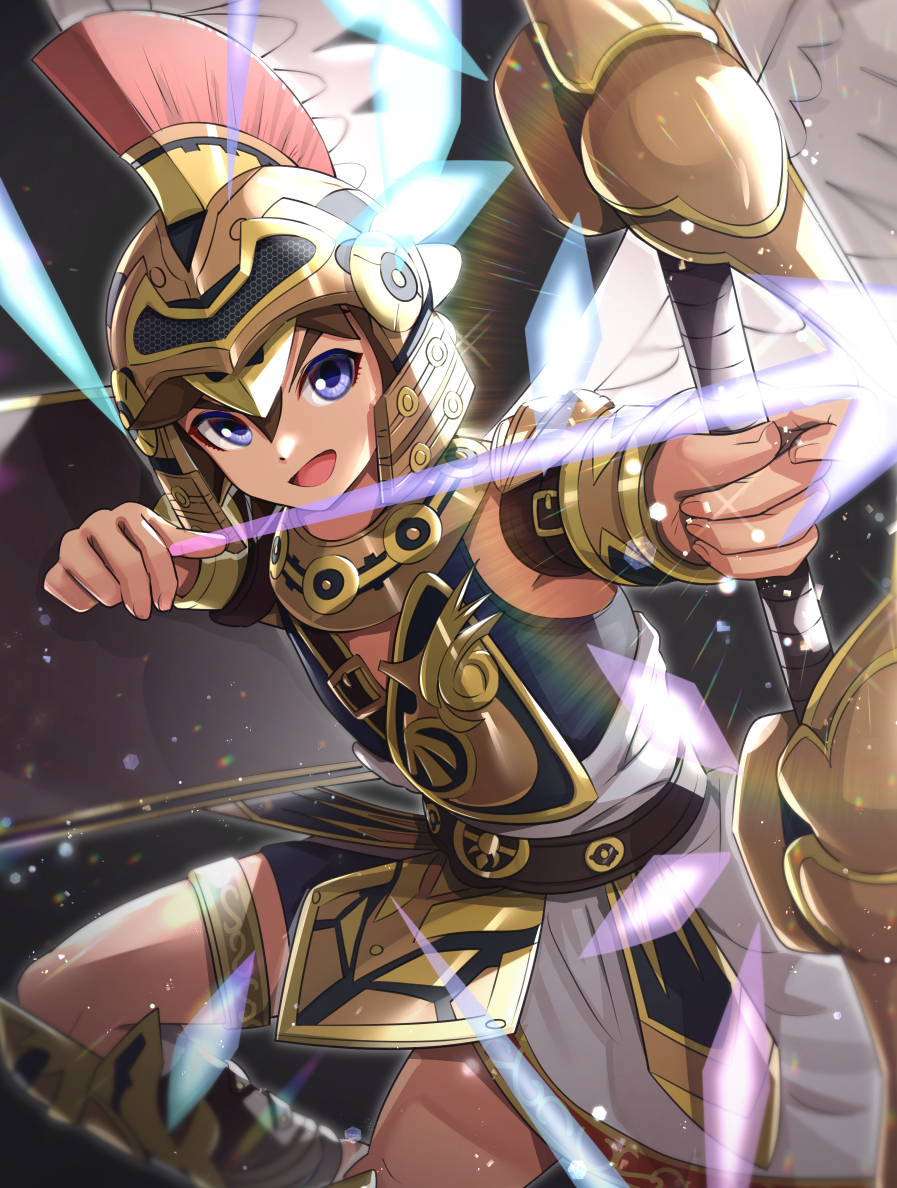 1boy, angel, angel_wings, armor, blue_eyes, bow_(weapon), brown_hair, cowboy_shot, drawing_bow, energy_arrow, gonzarez, helmet, holding, holding_bow_(weapon), holding_weapon, kid_icarus, kid_icarus_uprising, nintendo, pit_(kid_icarus), solo, three_sacred_treasures_(kid_icarus), weapon, white_wings, wings