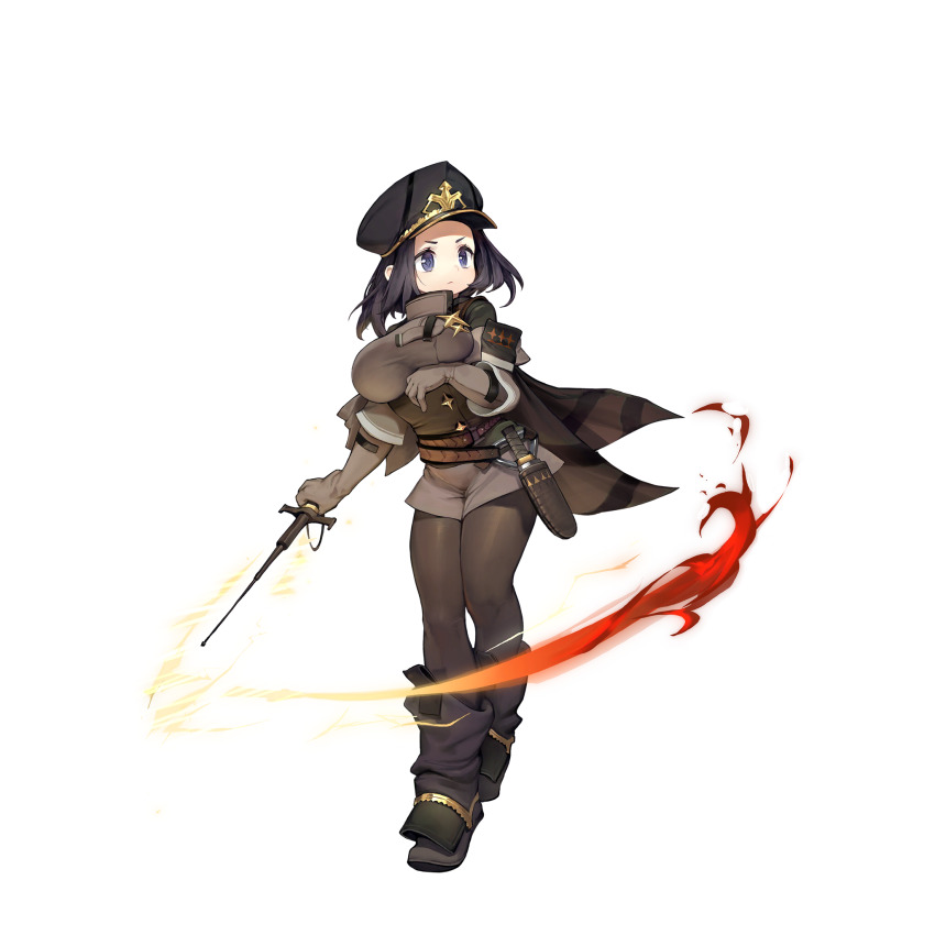 alchemy_stars, baton, baton_(weapon), black_hair, breasts, cordy_(alchemy_stars), highres, large_breasts, official_art, police, police_uniform, policewoman, solo, tagme, weapon