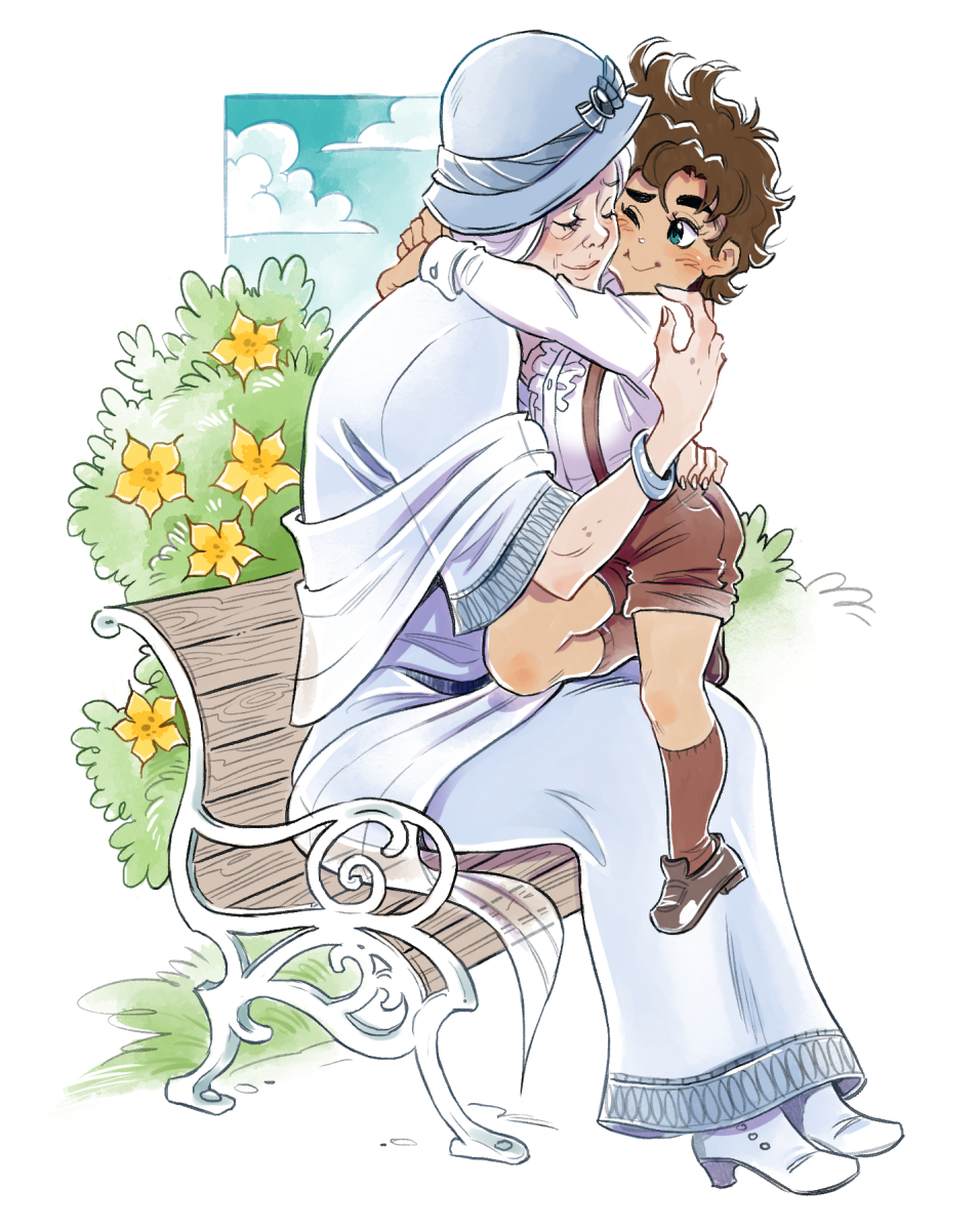 1boy, 1girl, aged_down, ascot, battle_tendency, bench, brown_hair, cheek_press, child, delichuu, dress, erina_pendleton, grandmother_and_grandson, green_eyes, grey_hair, hat, highres, jojo_no_kimyou_na_bouken, joseph_joestar, joseph_joestar_(young), old, old_woman, one_eye_closed, shawl, shorts, sitting, suspenders