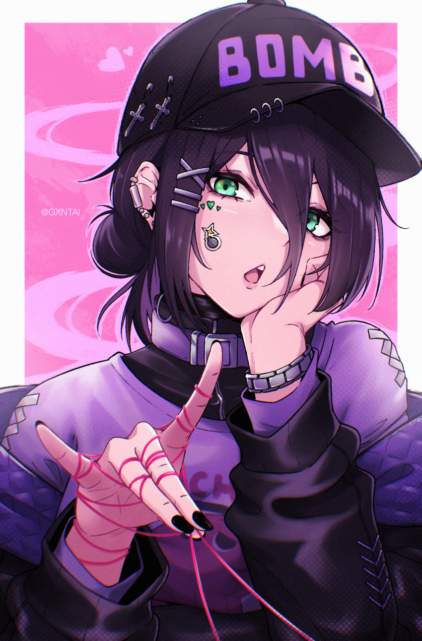 1girl, alternate_costume, artist_name, black_hair, black_nails, bomb, bracelet, chainsaw_man