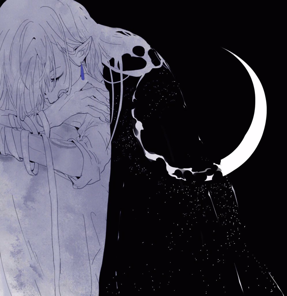 1boy, bandages, black_background, coat, coat_on_shoulders, crescent, earrings, eyelashes, closed_eyes, feet_out_of_frame, hair_over_one_eye, hair_strand, head_rest, hugging_own_legs, ichimokuren_(onmyoji), jewelry, knees_up, light_particles, long_hair, male_focus, one_eye_covered, onmyoji, pointy_ears, ripples, simple_background, sitting, solo, star_(sky), starry_sky_print, ye_(ran_chiiipye)