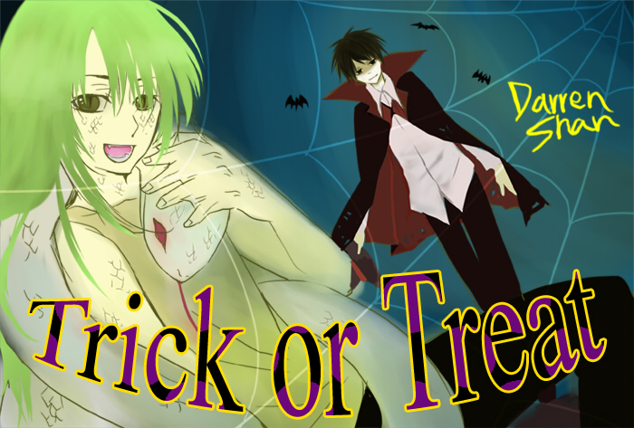 2boys, black_hair, cape, copyright_name, darren_shan, evra_von, gradient_background, green_eyes