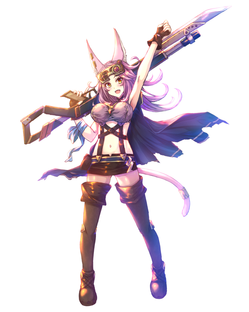 1girl, animal_ears, arm_up, boots, breasts, cape, cat_ears, cat_tail, duel_monster, ear_piercing, fingerless_gloves, full_body, gloves, goggles, goggles_on_head, gun, highres, holding, holding_gun, holding_weapon, large_breasts, long_hair, open_mouth, orange_eyes, over_shoulder, piercing, pink_hair, shorts, simple_background, skirt, solo, suspender_skirt, suspenders, tail, tail_ornament, tail_ring, takkayuuki, thigh_boots, thighhighs, torn_cape, torn_clothes, tri-brigade_ferrijit_the_barren_blossom, weapon, weapon_over_shoulder, white_background, yu-gi-oh!
