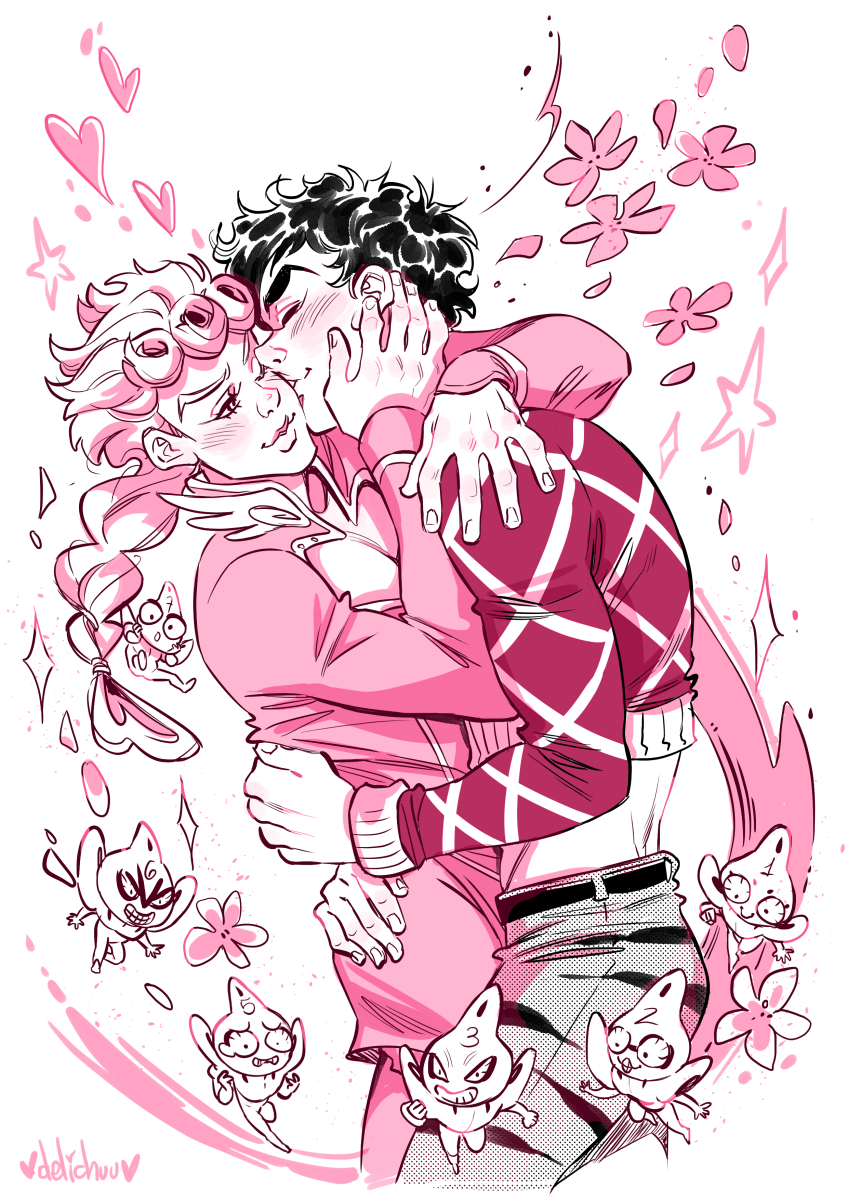 2boys, animal_print, argyle_clothes, argyle_sweater, braid, curly_hair, delichuu, flower