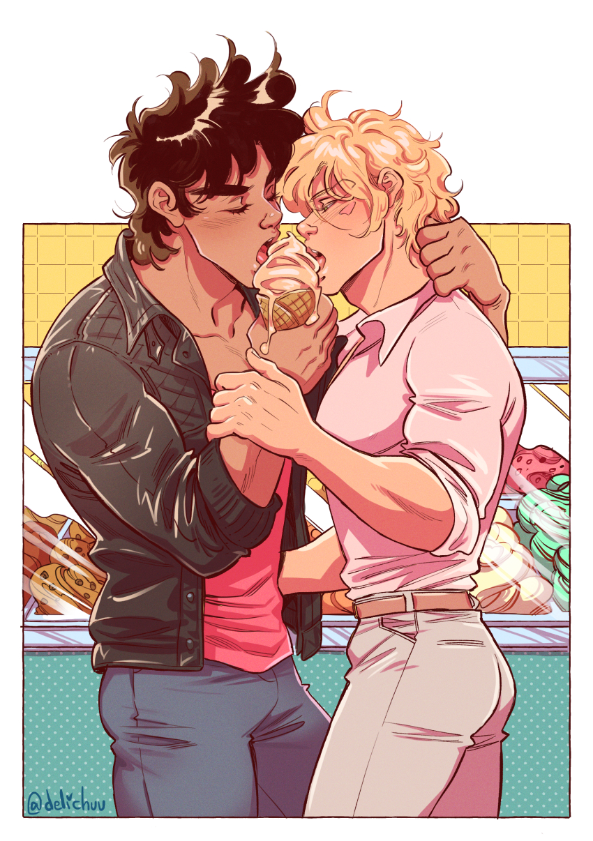 2boys, absurdres, battle_tendency, blonde_hair, brown_hair, caesar_anthonio_zeppeli, delichuu, facial_mark, food, gelato, highres, ice_cream, indirect_kiss, jacket, jojo_no_kimyou_na_bouken, joseph_joestar, joseph_joestar_(young), leather, leather_jacket, male_focus, multiple_boys, shared_food, yaoi