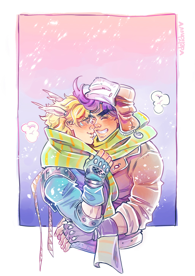 2boys, battle_tendency, blonde_hair, blue_jacket, blush, caesar_anthonio_zeppeli, delichuu, facial_mark