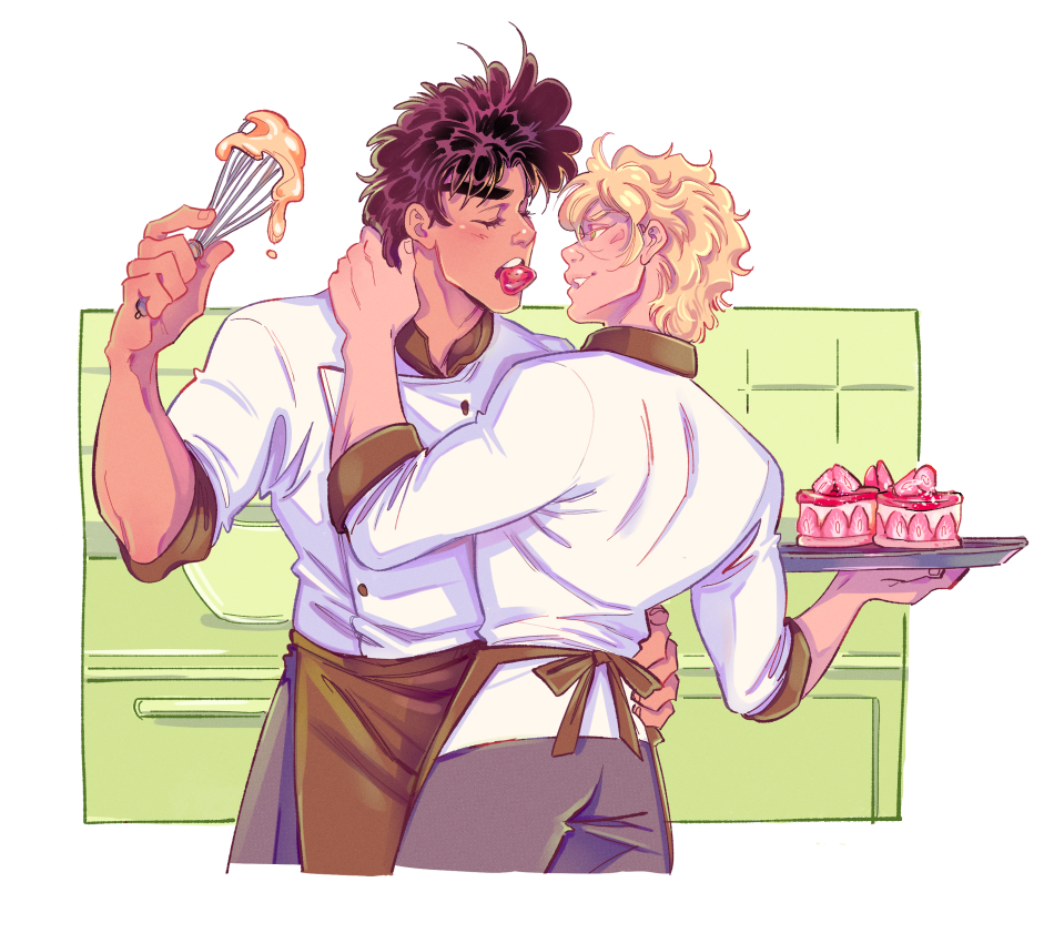 2boys, apron, batter, battle_tendency, black_hair, blonde_hair, caesar_anthonio_zeppeli, cake