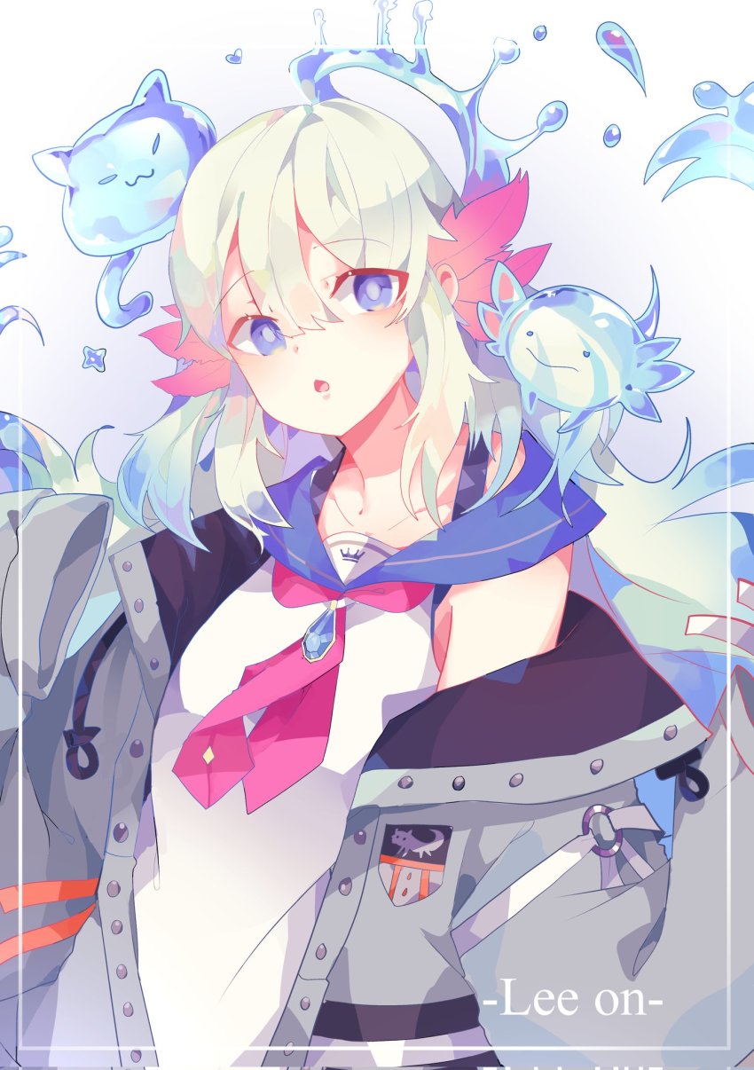 1girl, :o, axolotl, axolotl_girl, bing_samong, blue_eyes, blush, character_name