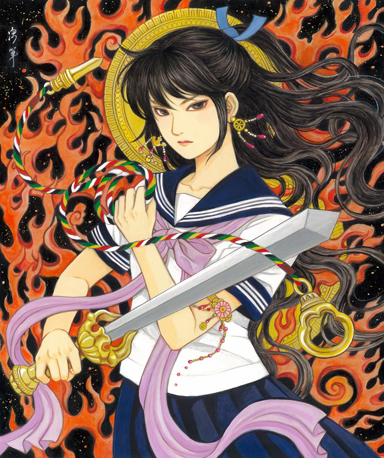 1girl, acala, armlet, black_eyes, black_hair, bow, bowtie, buddhism