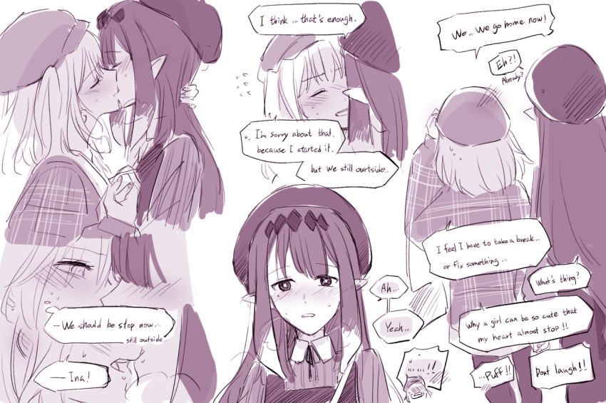 2girls, blush, closed_eyes, english_text, engrish_text, flying_sweatdrops, half-closed_eyes, hololive, hololive_english, kiss, looking_at_another, multiple_girls, ninomae_ina'nis, ninomae_ina'nis_(casual), parted_lips, pointy_ears, ranguage, speech_bubble, tentacle_hair, virtual_youtuber, watson_amelia, yohchi, yuri