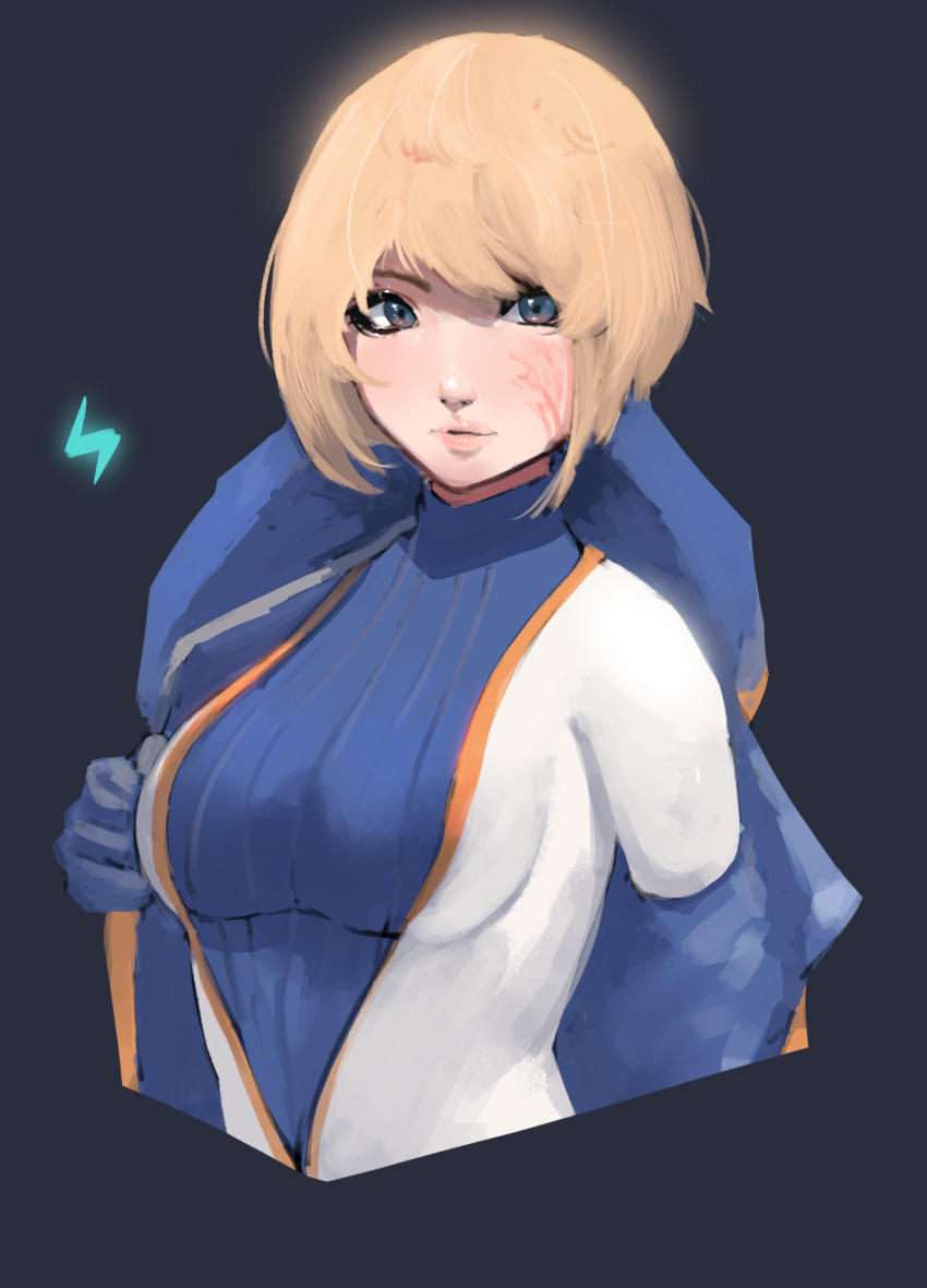 1girl, animification, apex_legends, blonde_hair, blue_bodysuit, blue_eyes, bodysuit, breasts