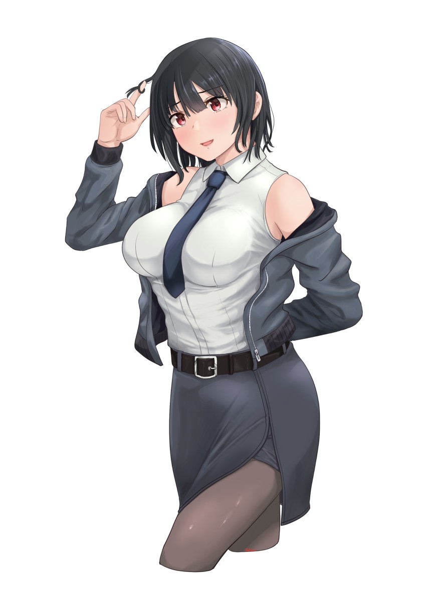 1girl, absurdres, alternate_costume, belt, black_belt, black_pantyhose, black_skirt, bomber_jacket