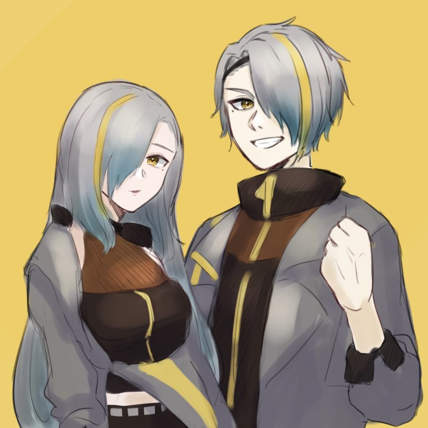 1boy, 1girl, arisyooon, black_hairband, black_sweater, blonde_hair, breasts, clenched_hand