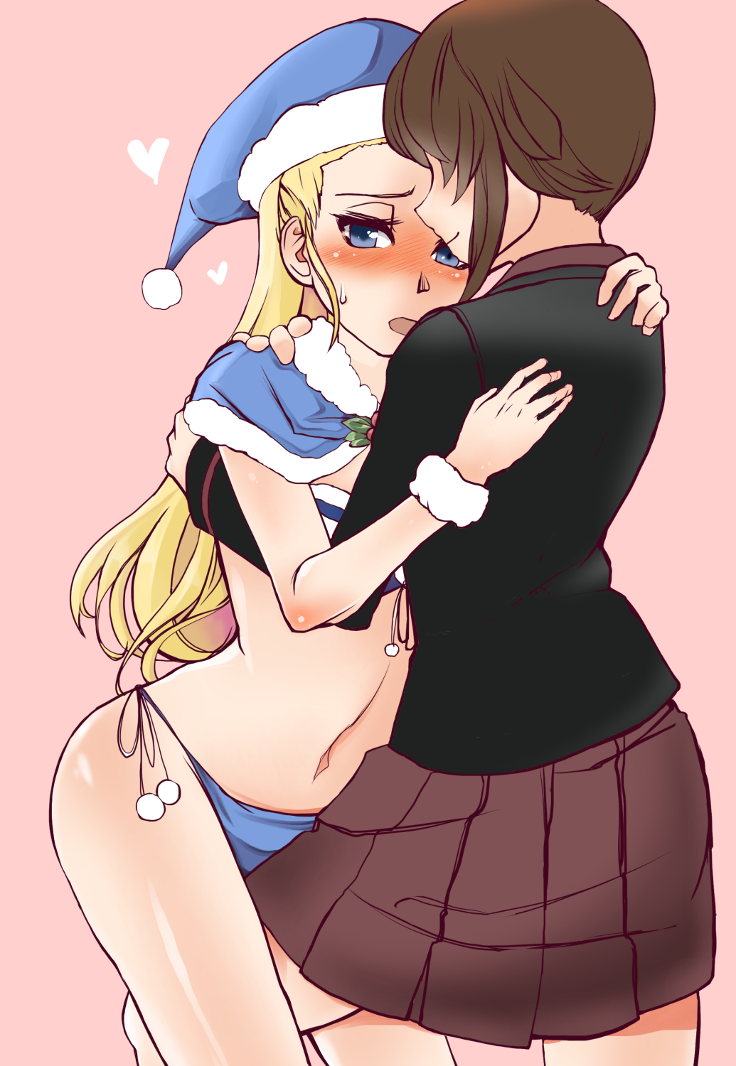 2girls, assam_(girls_und_panzer), between_legs, bikini, black_jacket, blonde_hair, blue_bikini, blue_capelet