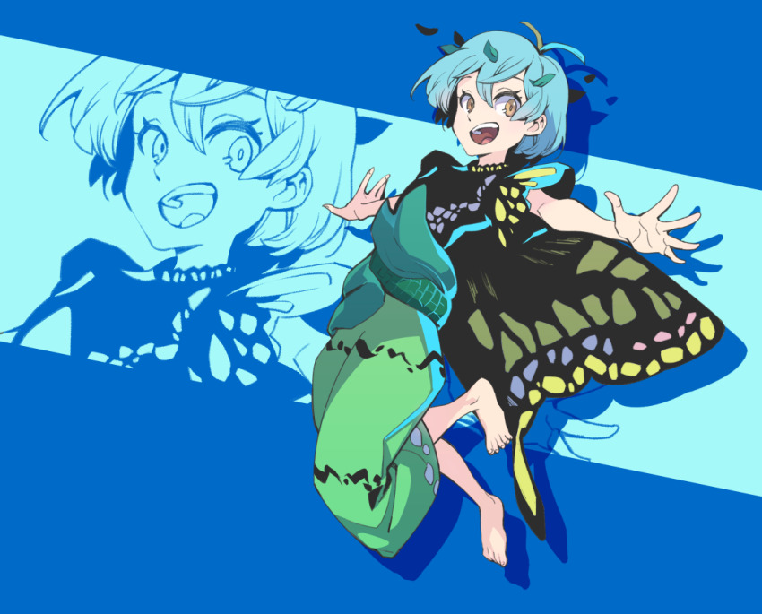 1girl, antennae, aqua_hair, barefoot, brown_eyes, butterfly_wings, dress, eternity_larva