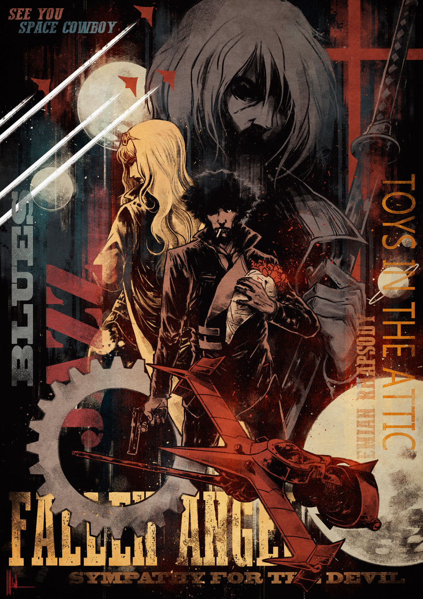cigarette, cowboy_bebop, flower, glasses, gun, highres, julia_(cowboy_bebop), long_hair