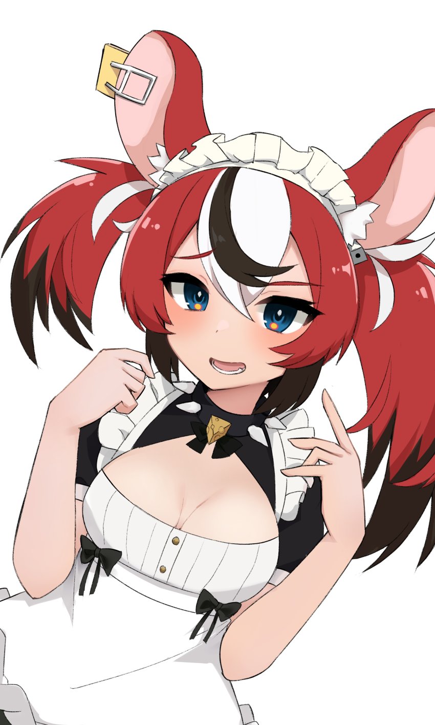 1girl, absurdres, alternate_costume, animal_ears, apron, bad_id, bad_twitter_id, black_collar, black_dress, black_hair, blue_eyes, blush, breasts, cheese, cleavage, cleavage_cutout, clothing_cutout, collar, commentary, dice_hair_ornament, dress, english_commentary, enmaided, food, furrowed_brow, hair_between_eyes, hair_ornament, hakos_baelz, highres, hololive, hololive_english, long_hair, looking_at_viewer, maid, maid_apron, maid_headdress, medium_breasts, mouse_ears, mousetrap, multicolored_hair, open_mouth, red_hair, short_sleeves, shuwe001, simple_background, solo, spiked_collar, spikes, streaked_hair, twintails, upper_body, virtual_youtuber, white_apron, white_background, white_hair