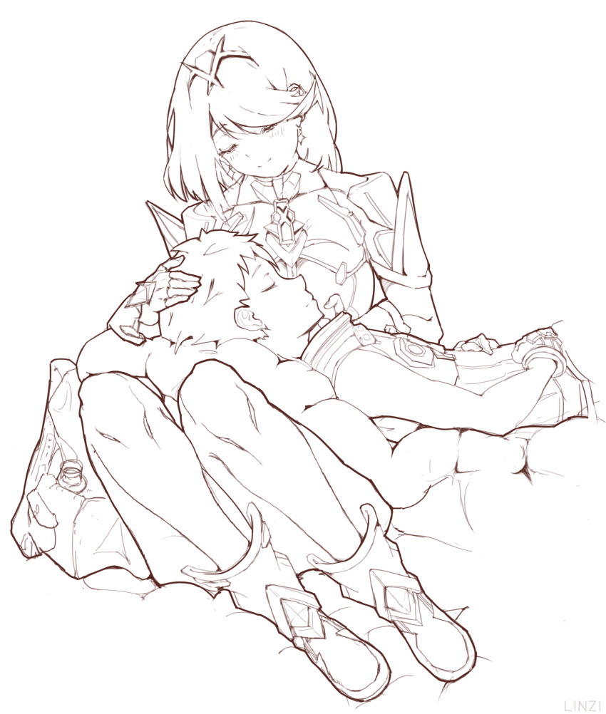 1boy, 1girl, bare_shoulders, boots, breasts, brown_hair, chest_jewel, embers